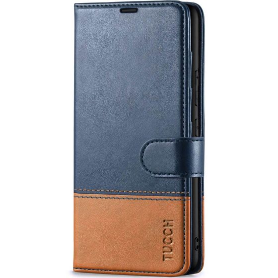 TUCCH SAMSUNG GALAXY A54 Wallet Case, SAMSUNG A54 Leather Case Folio Cover - Dark Blue & Brown