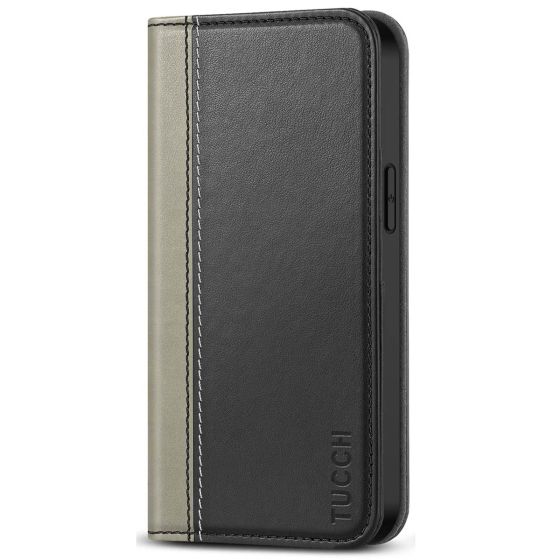 TUCCH iPhone 13 Leather Wallet Case, iPhone 13 Wallet Cover, Flip Cover with Stand, Credit Card Slots, Magnetic Closure - Black & Grey