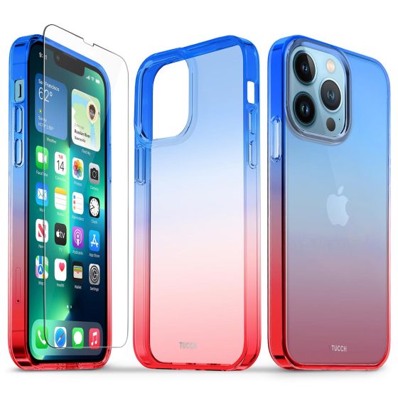 TUCCH iPhone 13 Pro Clear TPU Case Non-Yellowing, Transparent Thin Slim Scratchproof Shockproof TPU Case with Tempered Glass Screen Protector for iPhone 13 Pro 5G - Blue&Red