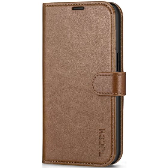 TUCCH iPhone 14 Wallet Case, iPhone 14 PU Leather Case, Folio Flip Cover with RFID Blocking, Credit Card Slots, Magnetic Clasp Closure - Brown