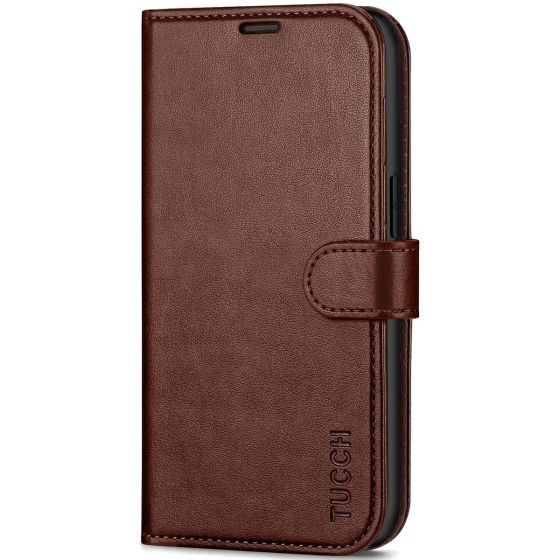 TUCCH iPhone 14 Wallet Case, iPhone 14 PU Leather Case, Folio Flip Cover with RFID Blocking, Credit Card Slots, Magnetic Clasp Closure - Chocolate Brown