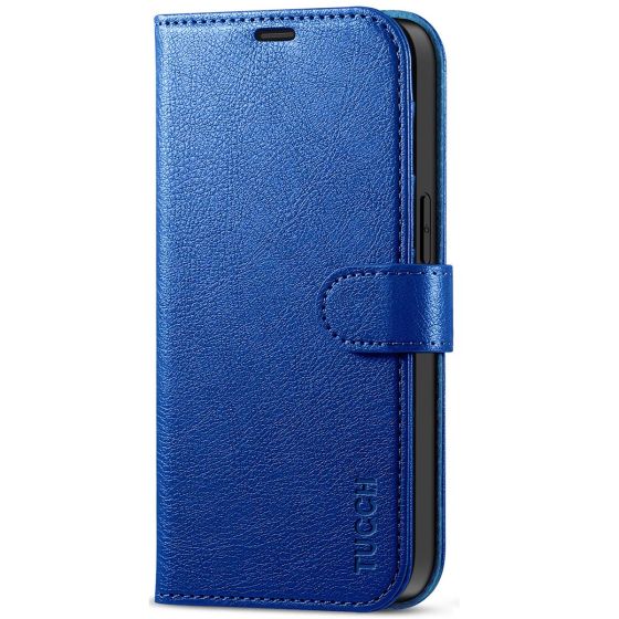 TUCCH iPhone 14 Wallet Case, iPhone 14 PU Leather Case, Folio Flip Cover with RFID Blocking, Credit Card Slots, Magnetic Clasp Closure - Full Grain Klein Blue