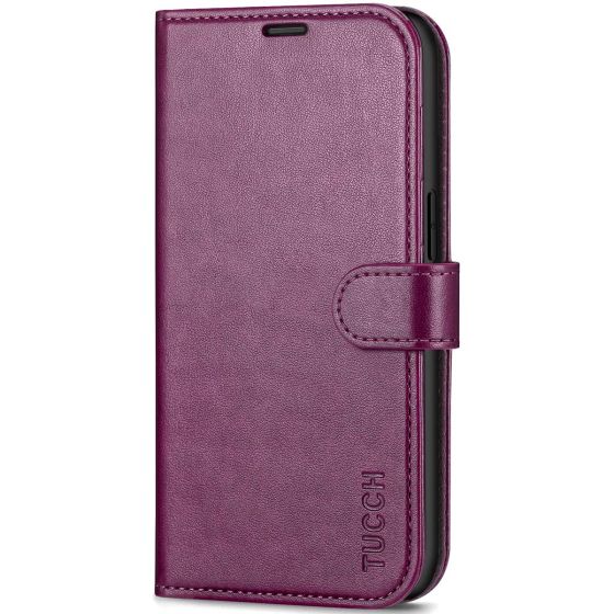 TUCCH iPhone 14 Wallet Case, iPhone 14 PU Leather Case, Folio Flip Cover with RFID Blocking, Credit Card Slots, Magnetic Clasp Closure - Plum Purple