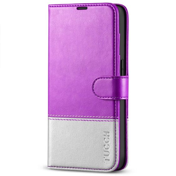 TUCCH iPhone 14 Pro Wallet Case, iPhone 14 Pro PU Leather Case, Folio Flip Cover with RFID Blocking and Kickstand - Purple & Silver