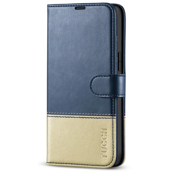 TUCCH iPhone 14 Pro Max Wallet Case, iPhone 14 Pro Max PU Leather Case with Folio Flip Book RFID Blocking, Stand, Card Slots, Magnetic Clasp Closure - Dark Blue & Gold