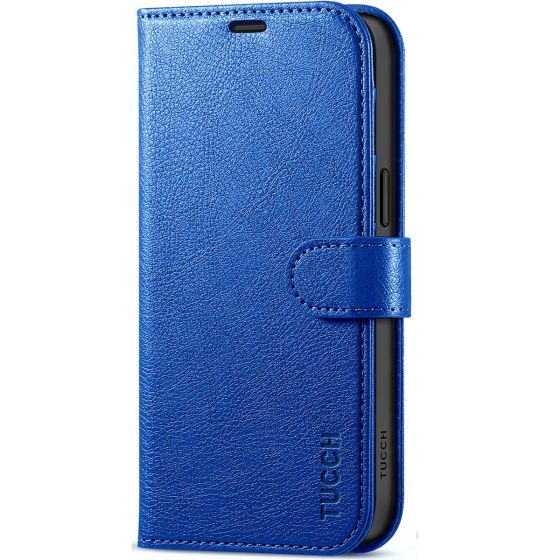 TUCCH iPhone 15 Pro Max Leather Wallet Case, iPhone 15 Pro Flip Phone Case - Klein Blue - Full Grain