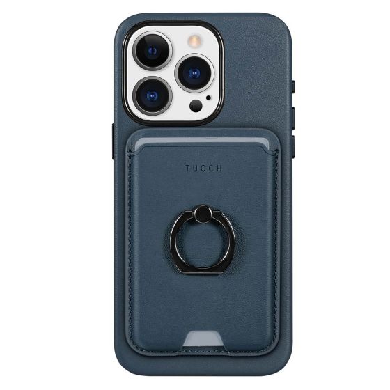 TUCCH iPhone 15 Pro Magnetic Phone Case with Removable Card Holder, Magsafe Compatible and Raised Edges for Screen and Camera Protection - Blue