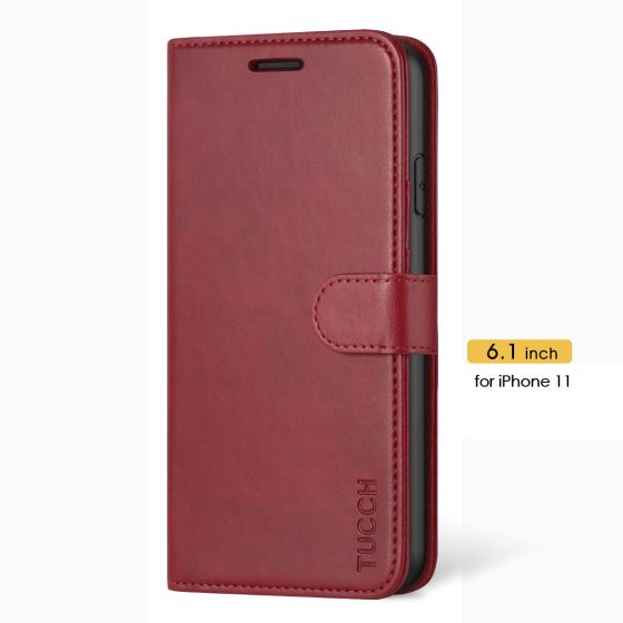 TUCCH iPhone 11 Wallet Case for Women, iPhone 11 Folio Case Thin - Dark Red