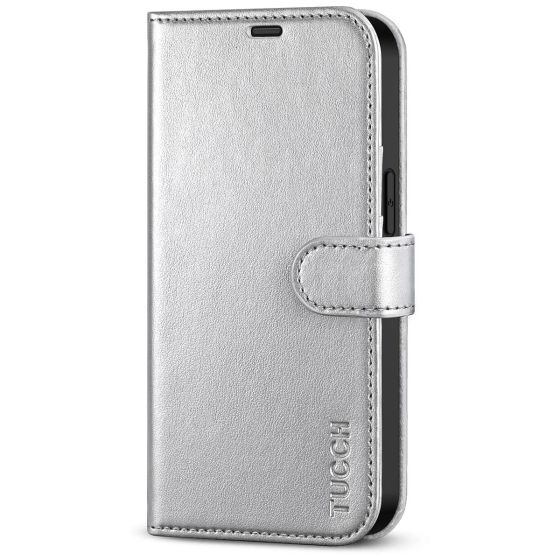 TUCCH iPhone 13 Wallet Case, iPhone 13 PU Leather Case, Folio Flip Cover with RFID Blocking, Credit Card Slots, Magnetic Clasp Closure - Shiny Silver