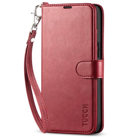 TUCCH iPhone 14 Wallet Case, iPhone 14 PU Leather Case, Folio Flip Cover with RFID Blocking, Credit Card Slots, Magnetic Clasp Closure - Strap - Dark Red