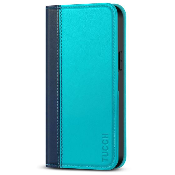 TUCCH iPhone 14 Pro Wallet Case, iPhone 14 Pro PU Leather Case with Folio Flip Book Cover, Kickstand, Card Slots, Magnetic Closure - Dark Blue & Lake Blue