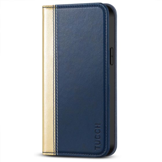 TUCCH iPhone 14 Pro Wallet Case, iPhone 14 Pro PU Leather Case with Folio Flip Book Cover, Kickstand, Card Slots, Magnetic Closure - Gold &  Dark Blue