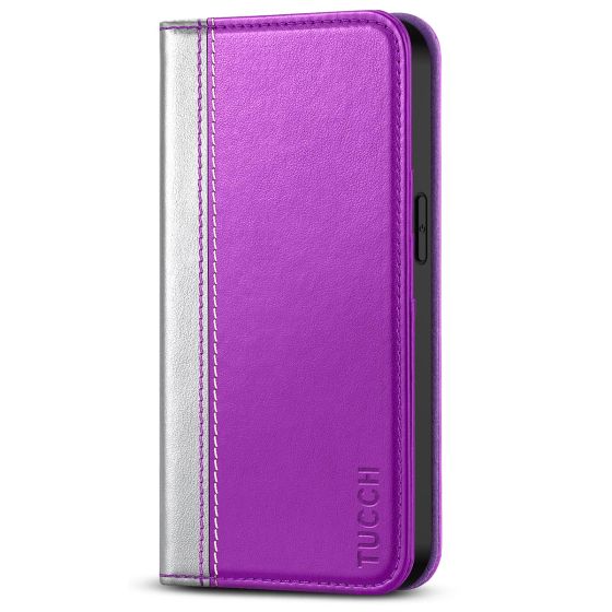 TUCCH iPhone 14 Pro Wallet Case, iPhone 14 Pro PU Leather Case with Folio Flip Book Cover, Kickstand, Card Slots, Magnetic Closure - Silver & Purple
