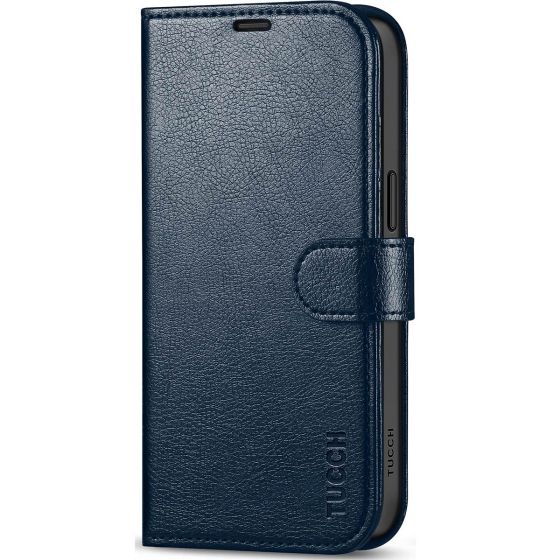 TUCCH iPhone 15 Pro Max Leather Wallet Case, iPhone 15 Pro Max Flip Phone Case - Full Grain Navy Blue
