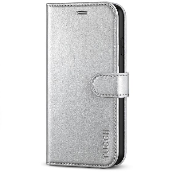TUCCH iPhone 7 Wallet Case, iPhone 8 Case, Premium PU Leather Case - Shiny Silver