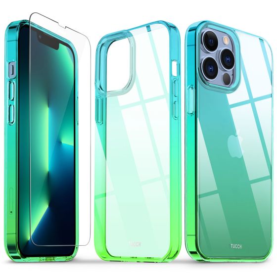 SHIELDON iPhone 13 Pro Max Clear Case Anti-Yellowing, Transparent Thin Slim Anti-Scratch Shockproof PC+TPU Case with Tempered Glass Screen Protector for iPhone 13 Pro Max Crystal Clear - Blue&Green
