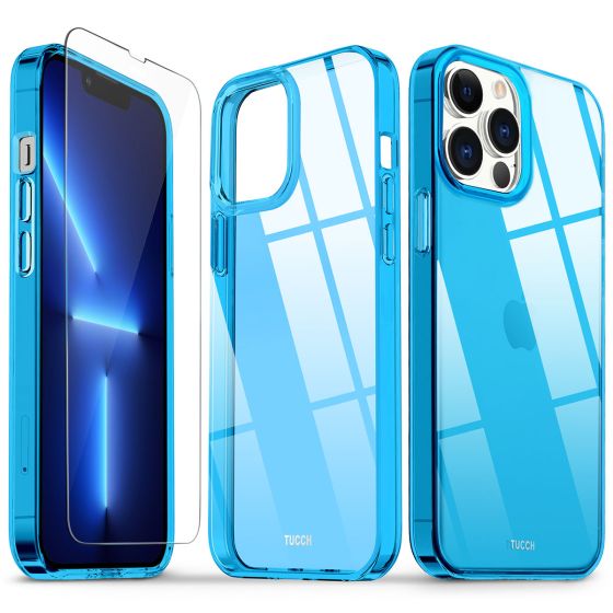 SHIELDON iPhone 13 Pro Max Clear Case Anti-Yellowing, Transparent Thin Slim Anti-Scratch Shockproof PC+TPU Case with Tempered Glass Screen Protector for iPhone 13 Pro Max Crystal Clear - Blue