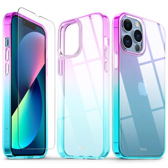 SHIELDON iPhone 13 Pro Max Clear Case Anti-Yellowing, Transparent Thin Slim Anti-Scratch Shockproof PC+TPU Case with Tempered Glass Screen Protector for iPhone 13 Pro Max Crystal Clear - Purple&Blue