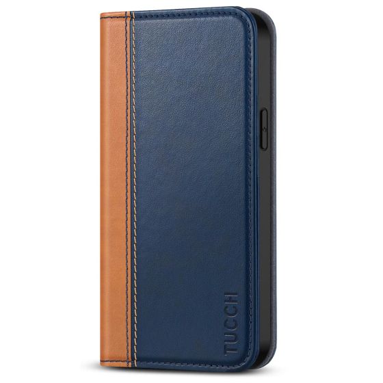 TUCCH iPhone 14 Wallet Case, iPhone 14 PU Leather Case, Flip Cover with Stand, Credit Card Slots, Magnetic Closure - Dark Blue & Brown