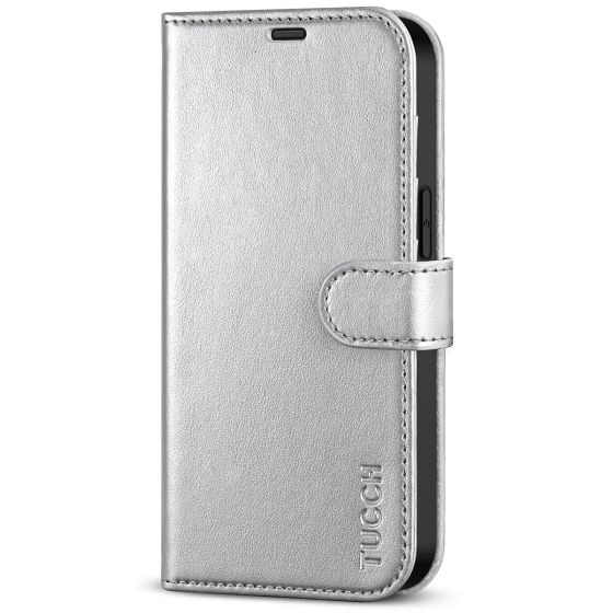 TUCCH iPhone 14 Wallet Case, iPhone 14 PU Leather Case, Folio Flip Cover with RFID Blocking, Credit Card Slots, Magnetic Clasp Closure - Shiny Silver