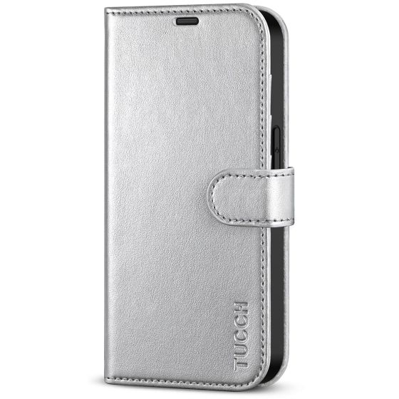 TUCCH iPhone 14 Pro Wallet Case, iPhone 14 Pro PU Leather Case, Folio Flip Cover with RFID Blocking and Kickstand - Shiny Silver