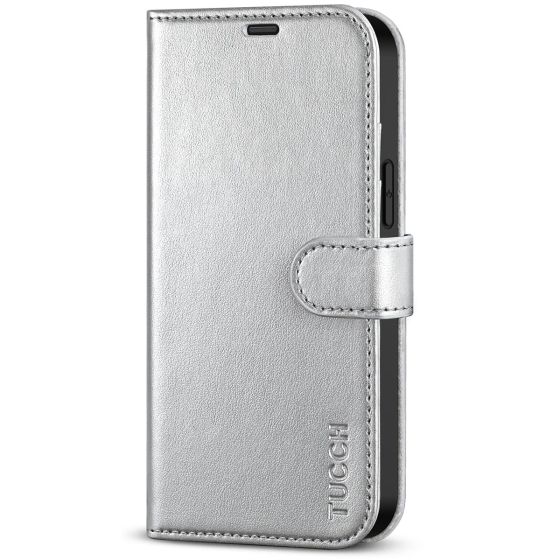 TUCCH iPhone 14 Pro Max Wallet Case, iPhone 14 Pro Max PU Leather Case with Folio Flip Book RFID Blocking, Stand, Card Slots, Magnetic Clasp Closure - Shiny Silver