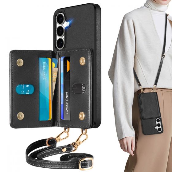 TUCCH SAMSUNG Galaxy S25 Plus Leather Wallet Case with Crossbody Lanyard, SAMSUNG Galaxy S25 Plus Phone Case with Undetachable Wallet, Raised Edge RFID Blocking Anti-Slip Shockproof Protective Wallet Case