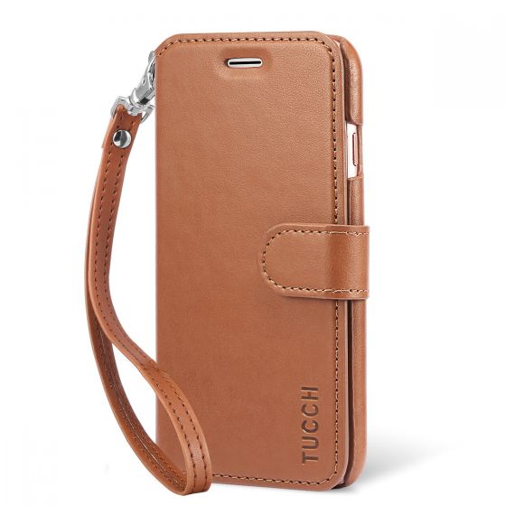 TUCCH iPhone 7 PU Leather Wallet Phone Case, Wrist Strap, Magnetic Closure