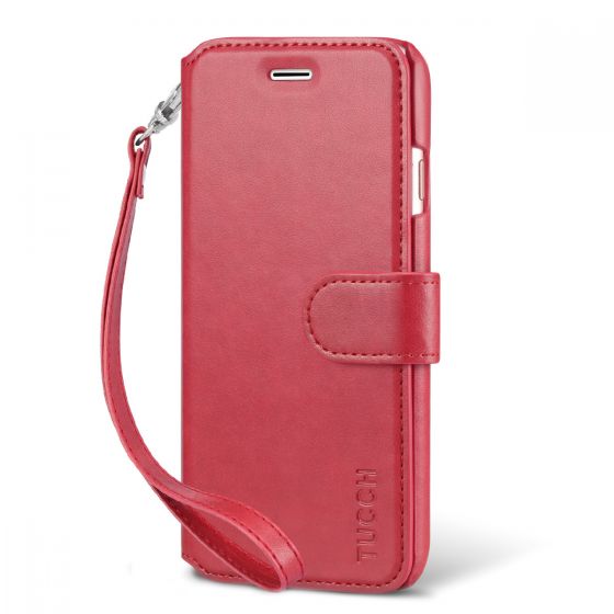 TUCCH iPhone 7 Wallet Phone Case, PU Leather Kickstand Case, Red