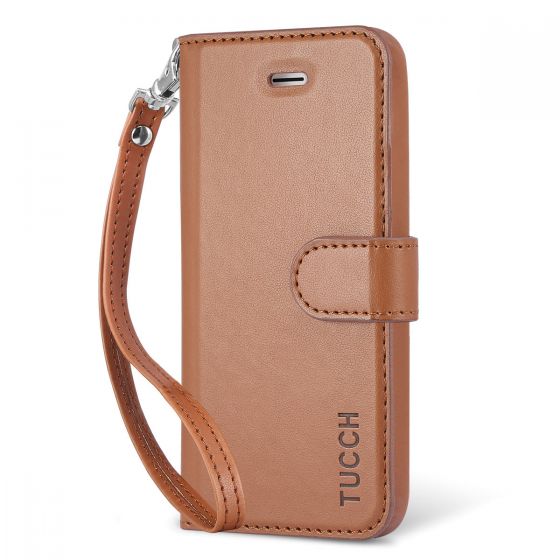 TUCCH iPhone 5/5S/SE Case, Premium Leather Wallet Case, Wrist Strap, Magnetic Clasp