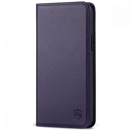 SHIELDON iPhone 13 Wallet Case, iPhone 13 Genuine Leather Cover with RFID Blocking, Book Folio Flip Kickstand Magnetic Closure - Dark Purple