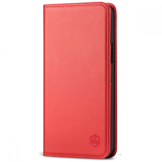 SHIELDON iPhone 13 Wallet Case, iPhone 13 Genuine Leather Cover with RFID Blocking, Book Folio Flip Kickstand Magnetic Closure - Red