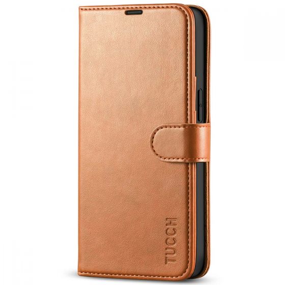 TUCCH iPhone 13 Wallet Case, iPhone 13 PU Leather Case, Folio Flip Cover with RFID Blocking, Credit Card Slots, Magnetic Clasp Closure - Light Brown