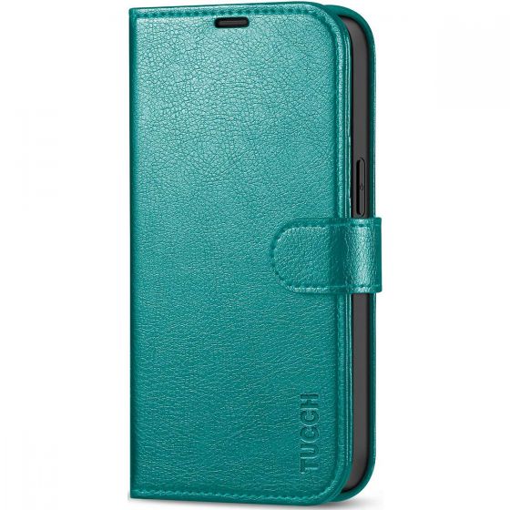 TUCCH iPhone 13 Wallet Case, iPhone 13 PU Leather Case, Folio Flip Cover with RFID Blocking, Credit Card Slots, Magnetic Clasp Closure - Full Grain Cyan