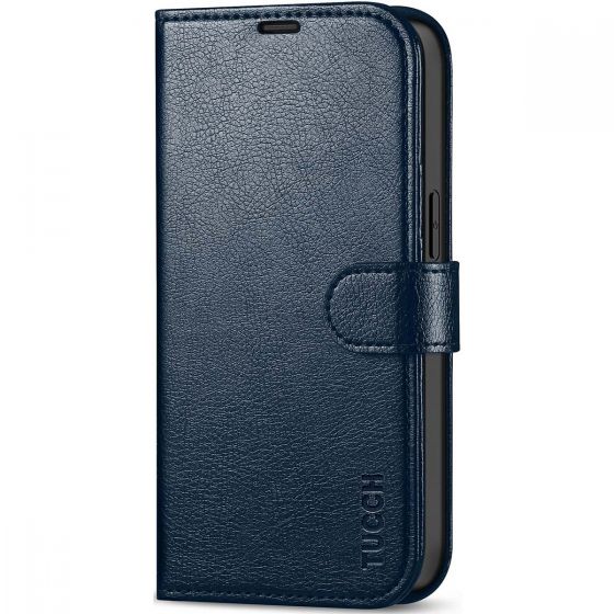 TUCCH iPhone 13 Wallet Case, iPhone 13 PU Leather Case, Folio Flip Cover with RFID Blocking, Credit Card Slots, Magnetic Clasp Closure - Full Grain Navy Blue