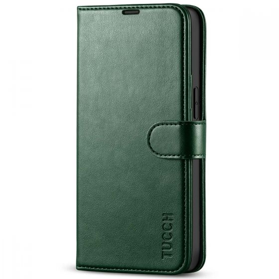 TUCCH iPhone 13 Wallet Case, iPhone 13 PU Leather Case, Folio Flip Cover with RFID Blocking, Credit Card Slots, Magnetic Clasp Closure - Midnight Green