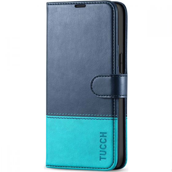 TUCCH iPhone 13 Wallet Case, iPhone 13 PU Leather Case, Folio Flip Cover with RFID Blocking, Credit Card Slots, Magnetic Clasp Closure - Blue & Lake Blue