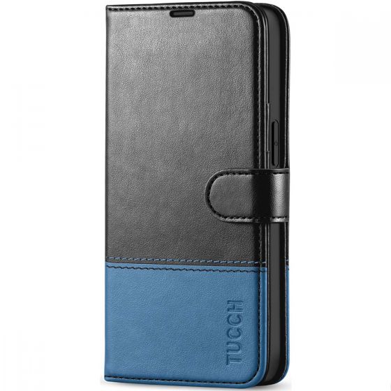 TUCCH iPhone 13 Wallet Case, iPhone 13 PU Leather Case, Folio Flip Cover with RFID Blocking, Credit Card Slots, Magnetic Clasp Closure - Black & Light Blue