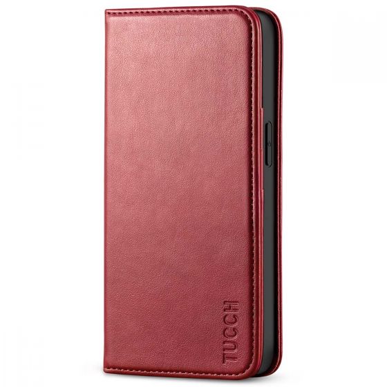 TUCCH iPhone 13 Wallet Case, iPhone 13 PU Leather Case, Flip Cover with Stand, Credit Card Slots, Magnetic Closure - Dark Red