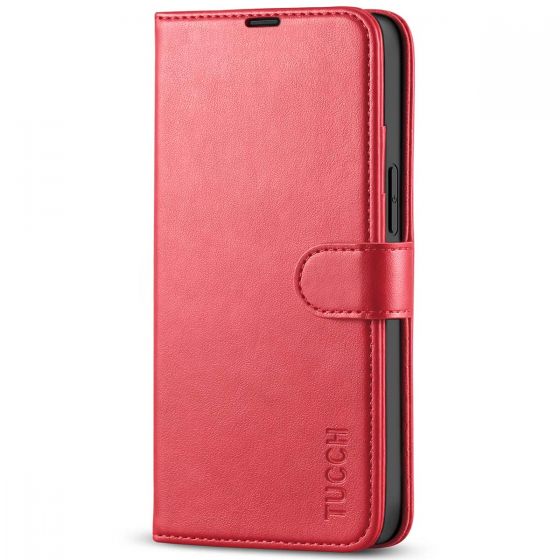 TUCCH iPhone 13 Mini Wallet Case, Mini iPhone 13 5.4-inch Leather Case, Folio Flip Cover with RFID Blocking, Stand, Credit Card Slots, Magnetic Clasp Closure - Bright Red