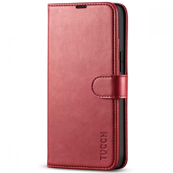 TUCCH iPhone 13 Mini Wallet Case, Mini iPhone 13 5.4-inch Leather Case, Folio Flip Cover with RFID Blocking, Stand, Credit Card Slots, Magnetic Clasp Closure - Dark Red