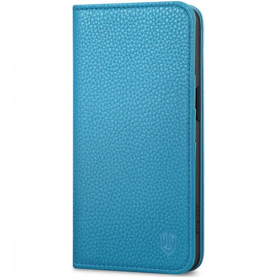 SHIELDON iPhone 15 Genuine Leather Wallet Case, iPhone 15 Flip Case - Full Grain Light Blue