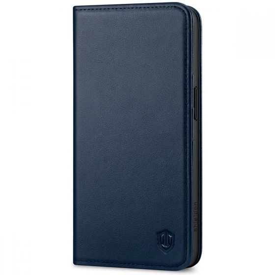 SHIELDON iPhone 15 Genuine Leather Wallet Case, iPhone 15 Front Cover Leather Case - Navy Blue