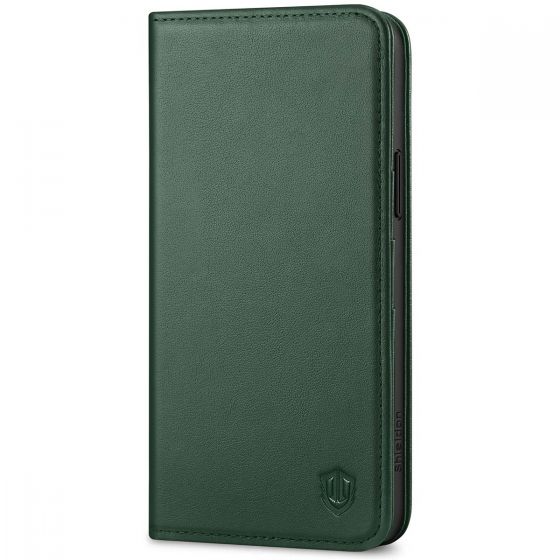 SHIELDON iPhone 15 Plus Genuine Leather Wallet Case, iPhone 15 Plus Kickstand Phone Case - Midnight Green