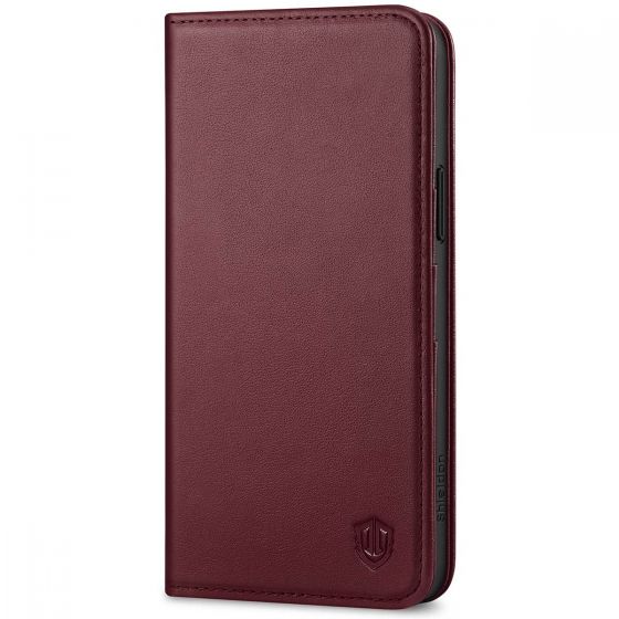 SHIELDON iPhone 15 Plus Genuine Leather Wallet Case, iPhone 15 Plus Card Holder Phone Case - Wine Red