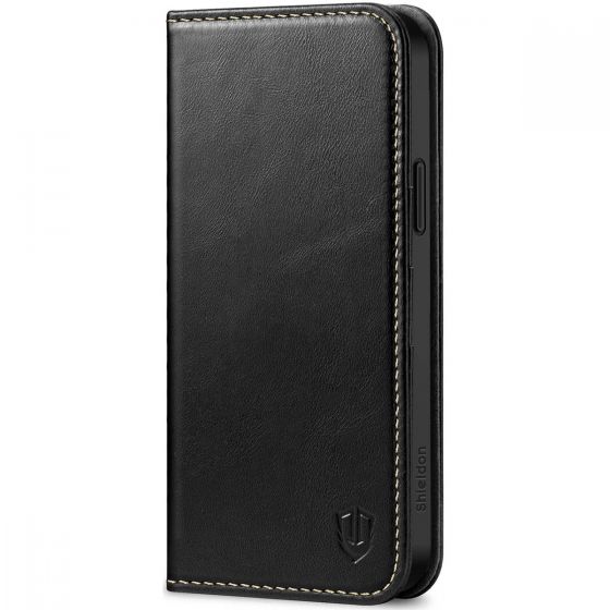 SHIELDON iPhone 15 Plus Genuine Leather Wallet Case, iPhone 15 Plus Fold Case - Retro Black