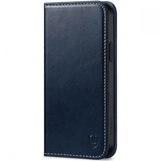 SHIELDON iPhone 15 Plus Genuine Leather Wallet Case, iPhone 15 Plus Phone Case - Retro Dark Blue