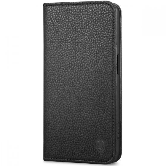 SHIELDON iPhone 15 Pro Genuine Leather Wallet Case, iPhone 15 Pro Mobile Phone Case - Full Grain Black