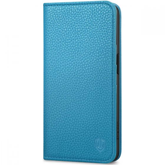 SHIELDON iPhone 15 Pro Genuine Leather Wallet Case, iPhone 15 Pro Cell Phone Case - Full Grain Light Blue