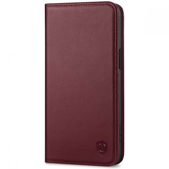 SHIELDON iPhone 15 Pro Max Genuine Leather Wallet Case, iPhone 15 Pro Max Magnetic Closure Phone Cover - Wine Red